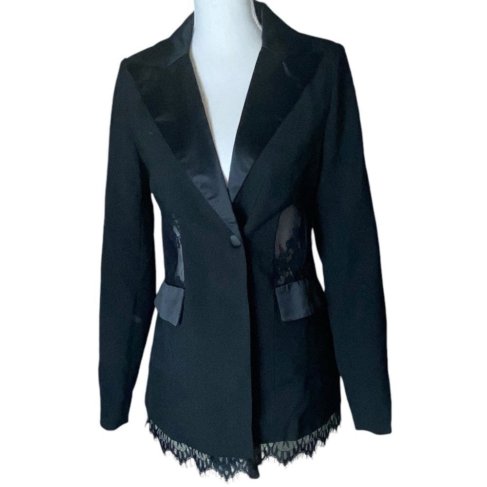 4th + Reckless Women’s Black Satin Lapel Lace Sides Lace Hem Blazer Size 6